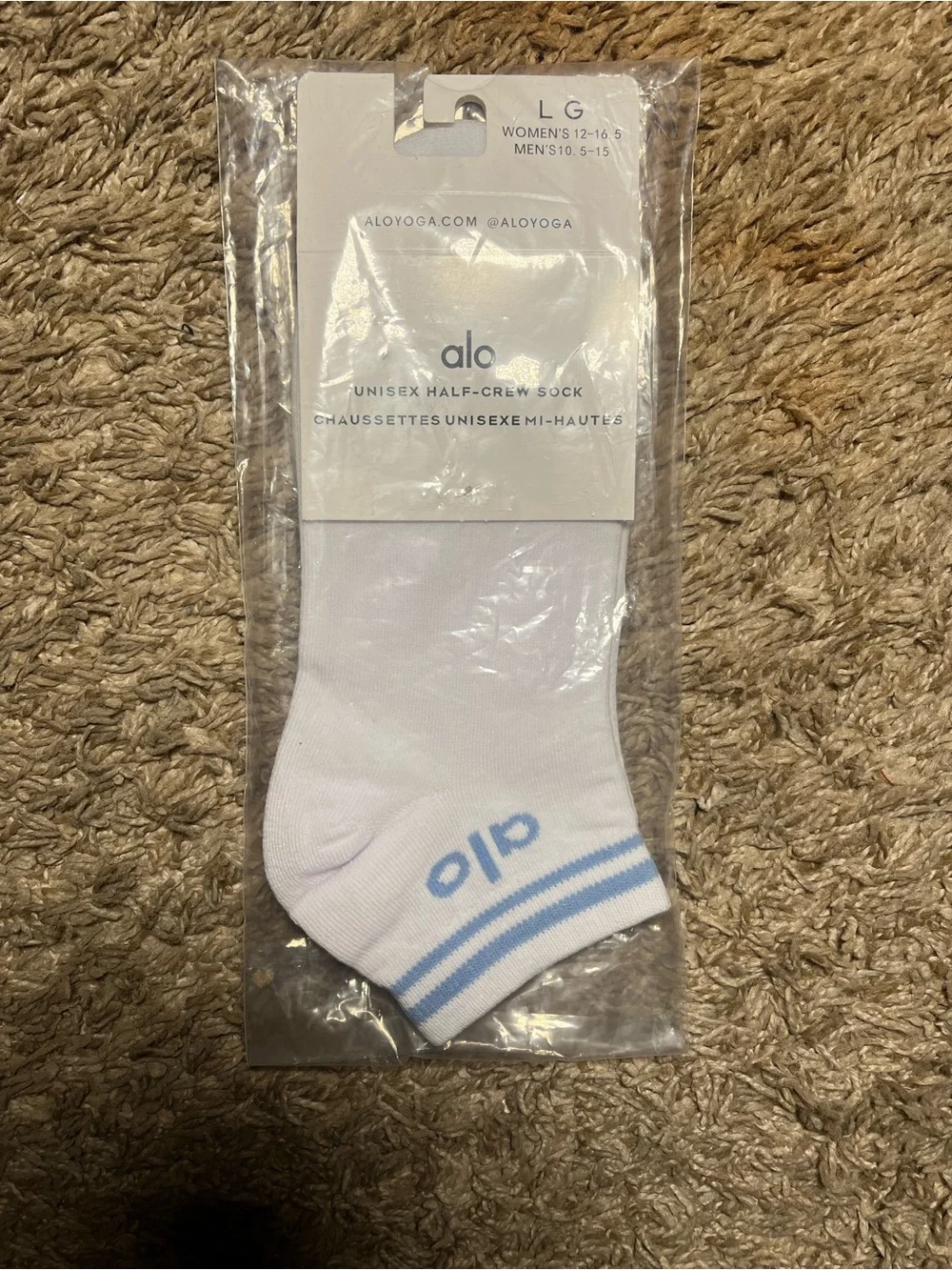ALO Yoga Women's White Half-Crew Socks with Light Blue Stripes